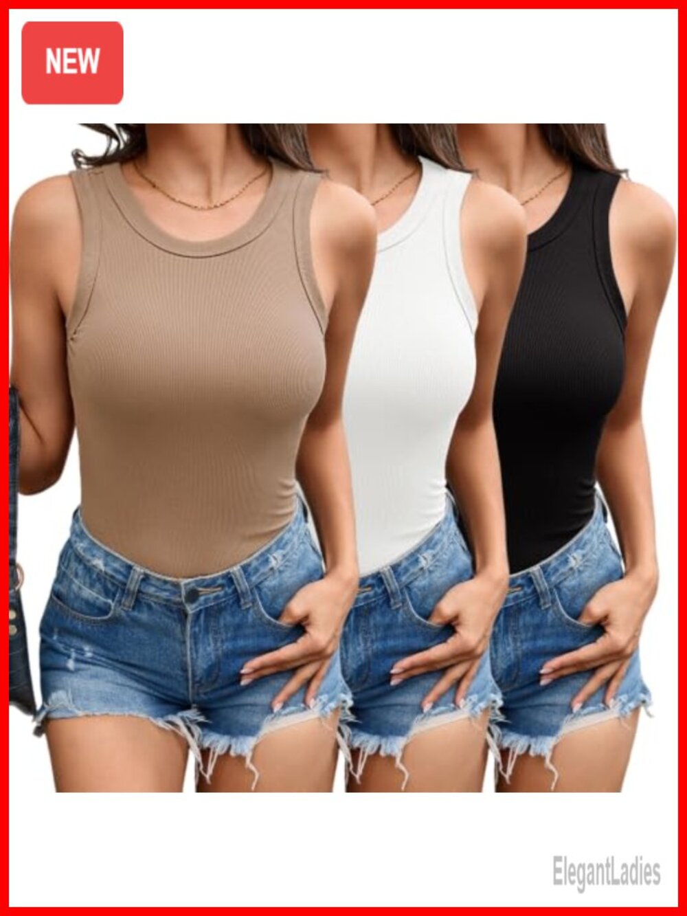 Ribbed High Neck Sleeveless Tank Top Slim Fit Stretchy Basic 3 Pack
